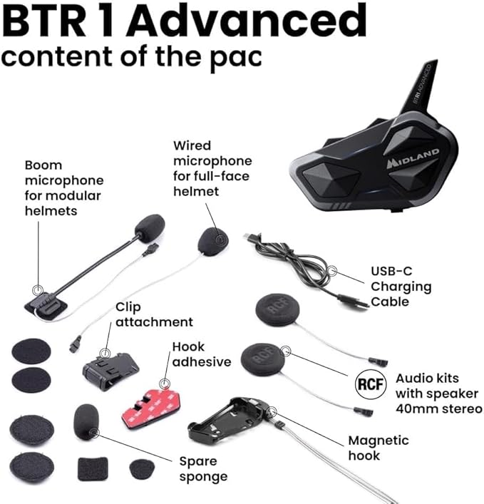 Midland BTR1 Advanced Motorcycle Bluetooth Headset – 4-Rider Intercom System with Wired and Boom Mic, RCF HD Sound, Music Sharing, DNK Noise Cancellation, FM Radio, IPX6 Waterproof (1 Pack, Black)
