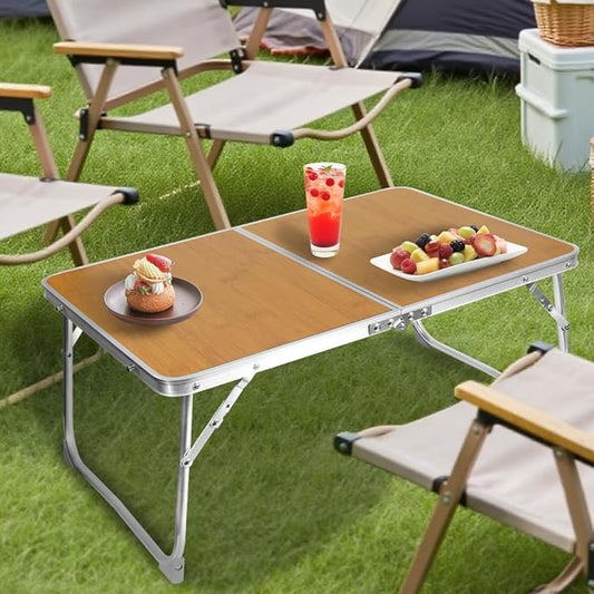 KISKIS 2 Fold Ultra Lightweight Folding Camping Tables 2Ft Portable Small Aluminum Outdoor Desk with Carry Handle, 62X42cm(24X17inch) for Picnic Travel,Bamboo Wood Grain