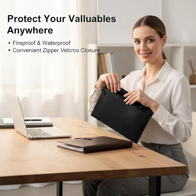 Fireproof Document Bag, Waterproof Storage Pouch with Zipper, 15 x 11 inches, Water and Fire Resistant Safe Envelope for Legal Documents, Valuables, Cash Storage, Black (Black, Horizontal Style)