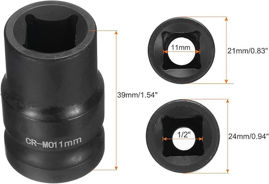HARFINGTON 4 Point Square Socket 1/2" Drive 11mm Metric Square Impact Socket CR-MO Blackening Standard Wheel Sockets Pneumatic Socket Tool for Auto Repair Mechanical Maintenance Home Use