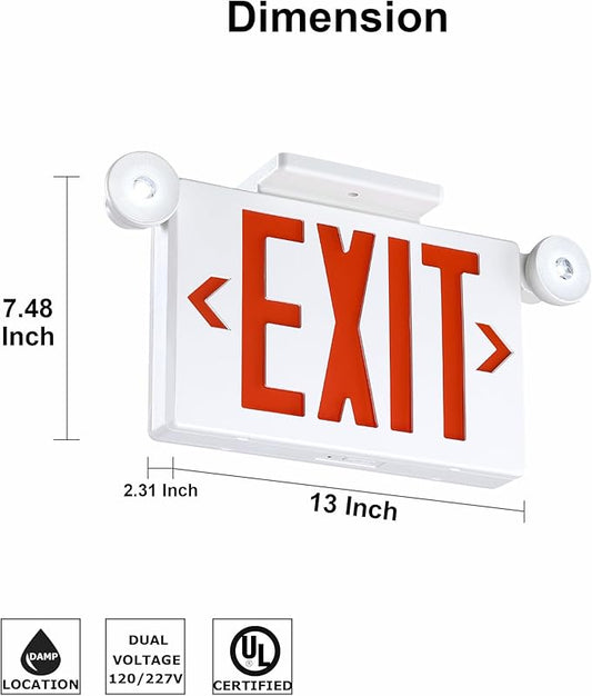 Gruenlich Exit Signs with Emergency Lights, 2 Adjustable LED Head with Battery Backup, 94V-0 Fire Resistant, AC 120/277V, Hardwired Commercial Emergency Light Combo for Business, 12 Pack