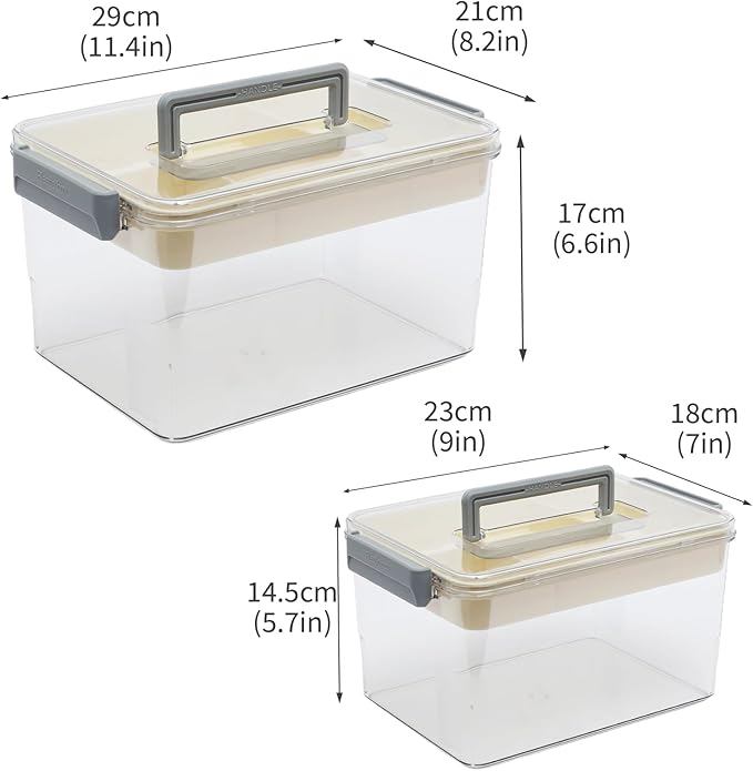 2Pack Medicine Box Set,2-Tier Large Capacity Medicine Storage Box with Handle,Clear Plastic First Aid Box Empty,Portable Medication Organizer Storage for Home & Travel