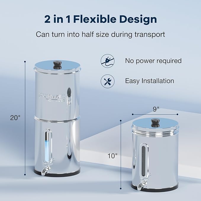 Purewell 4-Stage Ultra-Filtration Gravity-fed Water Filter System with 3 Filters, 304 Stainless Steel Countertop System with Water Level Window, Reduce Fluoride and Chlorine, 2.25G, PW-KS-3F