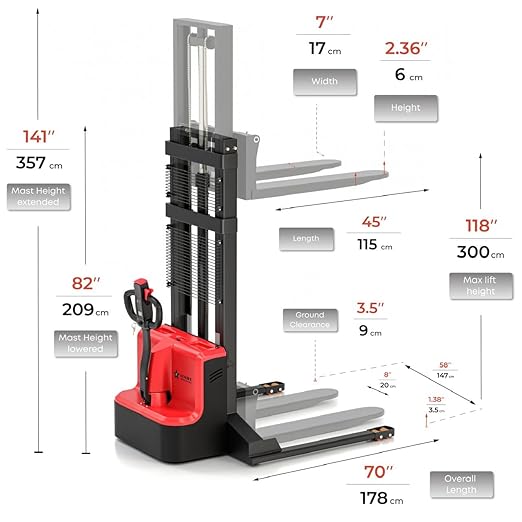 Full Electric Forklift Walkie Pallet Stacker 3300 Lb Capacity 118 Inch Lifting Height and Full Electric Power Pallet Jack 3300 Lb Capacity 48” L x 27” W Fork Size