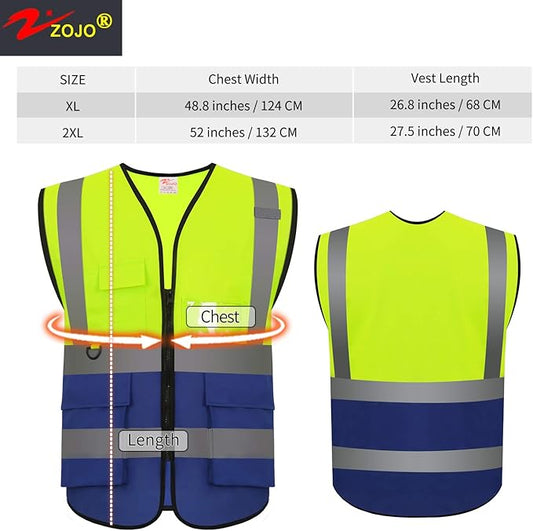 zojo High Visibility Safety Vests With Pockets,Pack of 10,Wholesale Reflective Vest for Outdoor Works, Cycling, Jogging, Walking,Sports - Fits for Men and Women(XL-Mix Yellow & Blue)