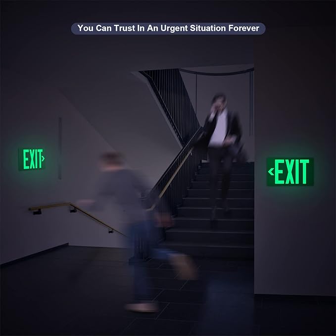 Photoluminescent Exit Sign Aluminum - Adhesive Backing Glow In The Dark - Removable Arrows Included - 12x7 Inches - Non Electrical Green Exit Light For 50 Feet Visibility (2 Pack)