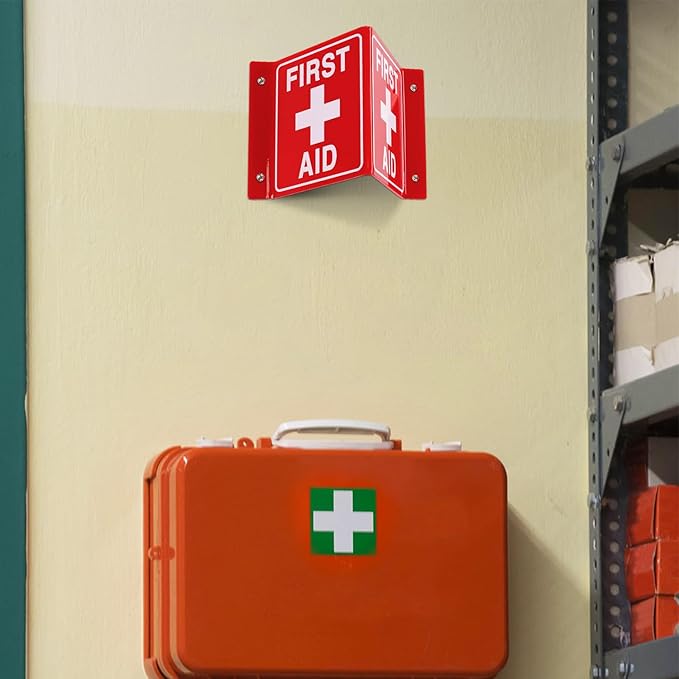T&R First Aid Sign, First Aid with Cross Symbol - 4 Pack - 8 x 6 Inches Acrylic, 4 pre-drilled holes, Includes Matching Screws, Use for Office/Business
