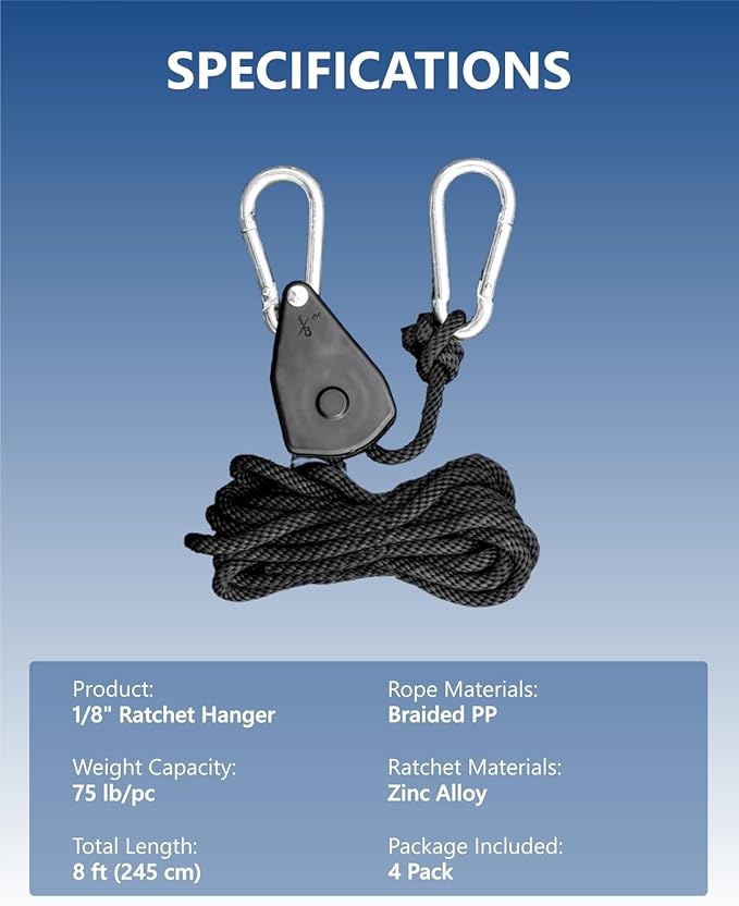 1/8" Rope Tie Down Ratchet: 4 Pack of Adjustable Grow Light Hangers - Small Ratchet Straps for Various Hanging and Strapping