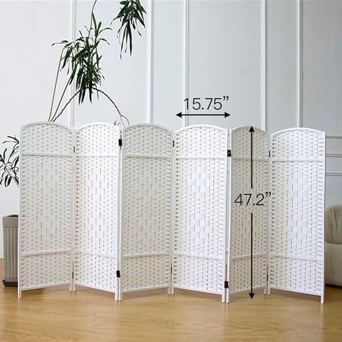 6 Panel Rattan Divider Short Room Partition Screen,Double Sided Folding Divider for Room Separation,White,47.2" H x 94.5" W