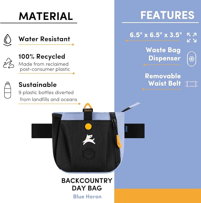 OllyDog Backcountry Day Bag | Hands-Free Dog Training Treat Pouch | Fanny/Hip Pack with Zipper Closure & Built-in Poop Bag Dispenser | Removable Waist Clip (Blue Heron)