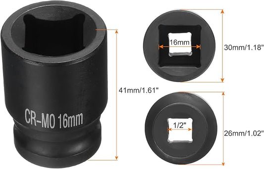 HARFINGTON 4 Point Square Socket 1/2" Drive 16mm Metric Square Impact Socket CR-MO Blackening Standard Wheel Sockets Pneumatic Socket Tool for Auto Repair Mechanical Maintenance Home Use