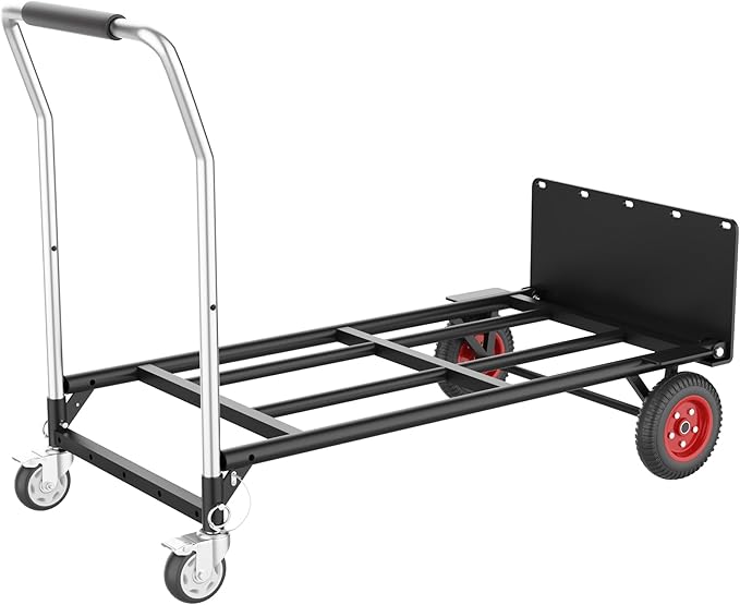 Hand Truck Dolly Heavy Duty, 2 in 1 Convertible Hand Truck and Dolly with 10" Flat-Free Wheels & Brakes, 600LBS Capacity, Includes Elastic Straps for Moving, Warehouse, Garden, Office Use, Black