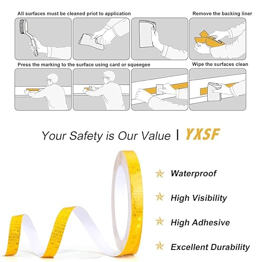 Reflective Safety Tape,1/2 Inch×45 Feet Yellow Reflective Strips,high Viscosity Waterproof Reflective Tape for Bikes Cars Ships Motorcycles Raincoat.