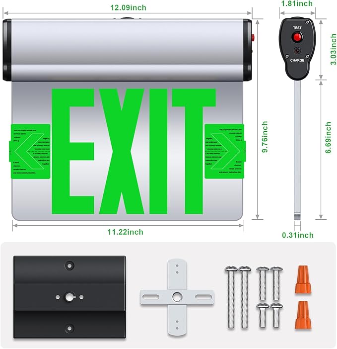 Led Edge-Lit Exit Sign ,Brushed Aluminum Housing Double-Sided Mirrored Rotating Acrylic Panel,Hardwired Emergency Exit Signs with Battery Backup, 120V-347VAC,Green Led Emergency Exit Light for Business , UL Listed,Top/Side/Wall Mount ( 1 Pack)