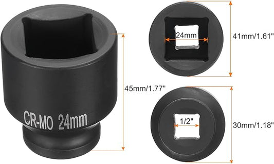 HARFINGTON 4 Point Square Socket 1/2" Drive 24mm Metric Square Impact Socket CR-MO Blackening Standard Wheel Sockets Pneumatic Socket Tool for Auto Repair Mechanical Maintenance Home Use