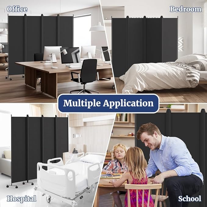 Kokorona 4 Panel Room Divider, 6FT Tall Rolling Privacy Screen with Lockable Wheels, Folding Wall Dividers Portable Room Divider for Room Separation, Included - Cover Strips, Black, 88''W x 70''H