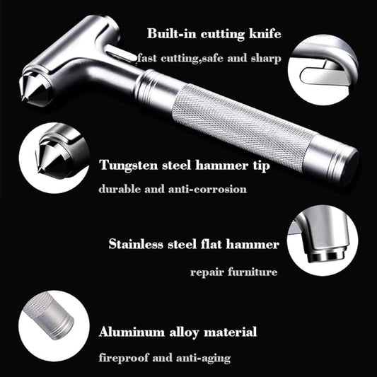 All Metal Safety Hammer with Window Breaker and Seatbelt Cutter - 3-in-1 Emergency Escape Tool for Car, Heavy-Duty Aluminum Alloy Car Accessories for Men, Essential for Emergency Car Kit (1pc)