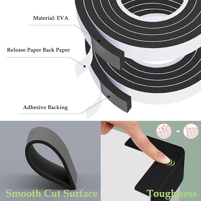 Weather Stripping Door Seal Black,1Inch Wide X 3/8Inch Thick,Air Conditioner Window Seal,Self Adhesive Foam Tape High Density Foam Sealing Strip,Soundproof Foam Tape Roll,2 Rolls Total 13.2Ft