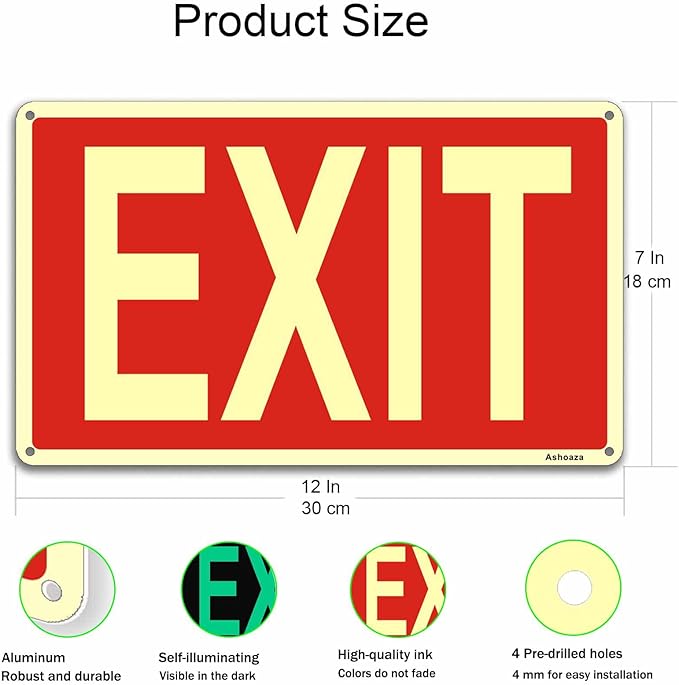 Glow in the Dark Exit Sign Aluminum - 2 Pcs 12x7 In - Ultimate UV, Weather & Fade Resistance, Indoor & Outdoor for Business, School, Office, Warehouse (Fire Emergency Signs), Includes accessories