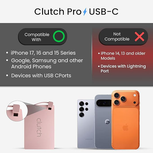 Clutch - Pro USB-C Portable Charger - Compatible with iPhone 15, 16, 17 & Android Devices - Power Bank Magnetic Battery - TSA Travel Approved - USB Rechargeable - Built-in Cable - 5000 mAh - 3.7oz