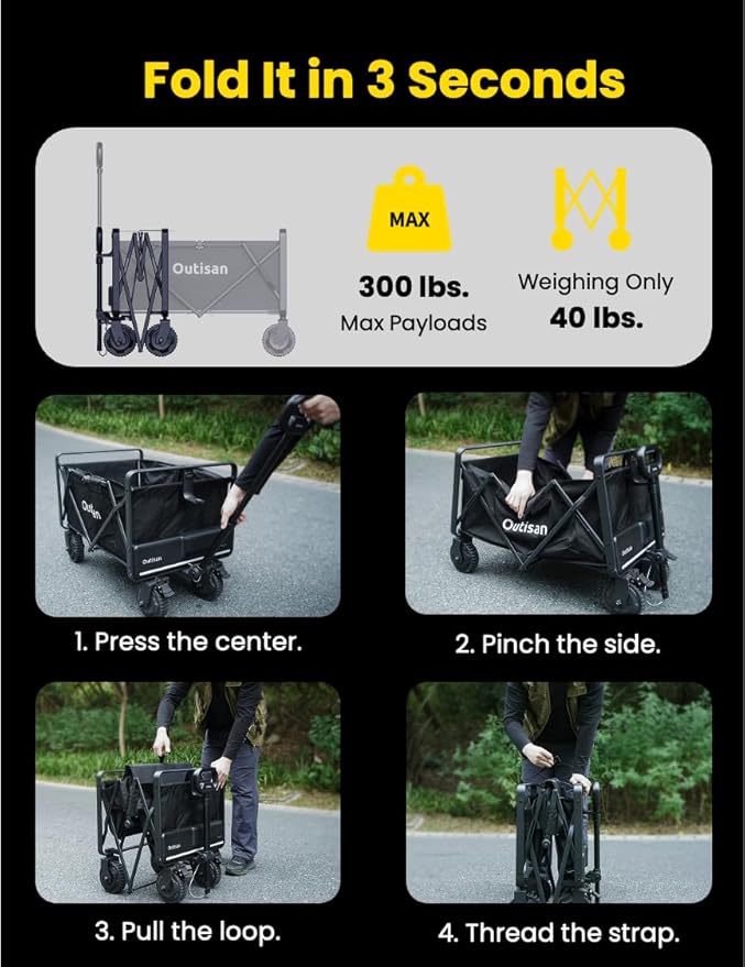 e-Wagon Air Electric Wagon Cart, 300LB Capacity Foldable Wagon with Dual Motor, 9-Mile Range & Swappable Battery, 3-Second Collapsible Utility Cart for Camping, Garden, Slate Gray