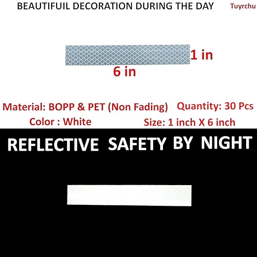 White Reflective Stickers 1 inch X 6 inch, Outdoor Waterproof High Visibility Warning Safety Adhesive Reflector Tape (30 Pcs)
