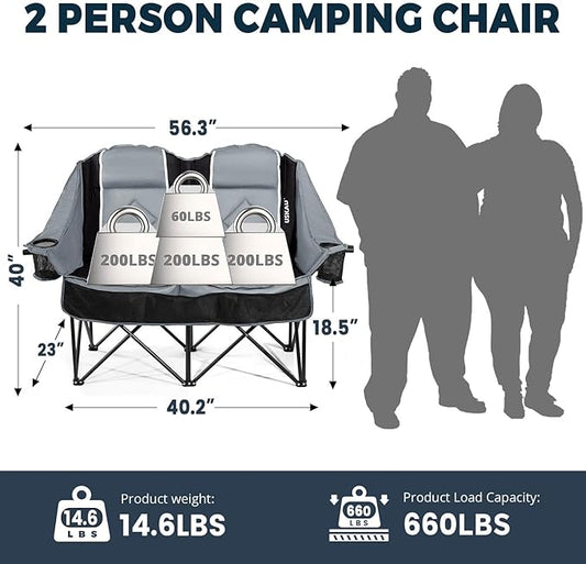 Oversized Double Camping Chair - 2 Person Portable Folding Outdoor Loveseat Heavy Duty Lawn Chairs for Adults with Padded Cushion & Dual Cup Holders, Supports 660LBS for Camping,Sports,Picnic