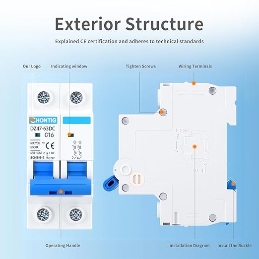16 Amp Miniature DC Circuit Breaker 500V 2 Pole, Solar PV Disconnect Switch with Thermal Magnetic Trip, DIN Rail Mount Isolator C16