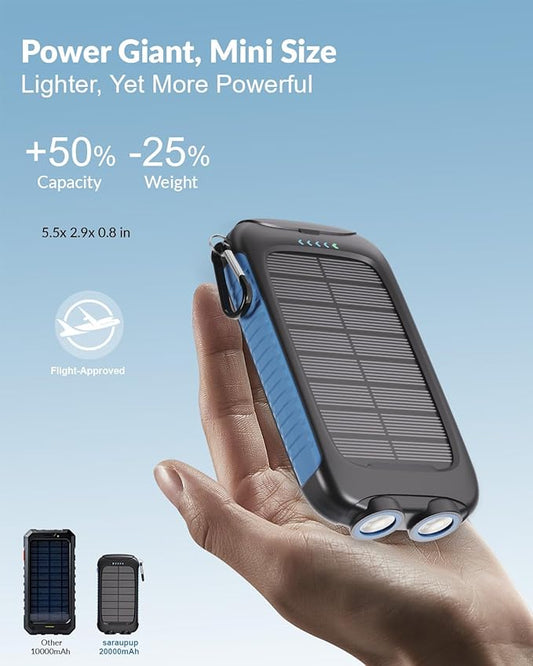 solar power bank, 20000mAh portable charger 5V/3A Fast Charging with USB-A and USB-C Ports battery bank Compatible with iPhone,Samsung,Waterproof,Emergency LED Flashlights for Camping, Hiking,Outdoor