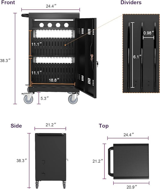 30-Device Mobile Charging Cart with Charging Power Strip and Front and Rear Access Locks, Cable Management, Up to 17"", Safe Charging Cabinet for Ipads, Chromebooks, Tablets, Laptops Black