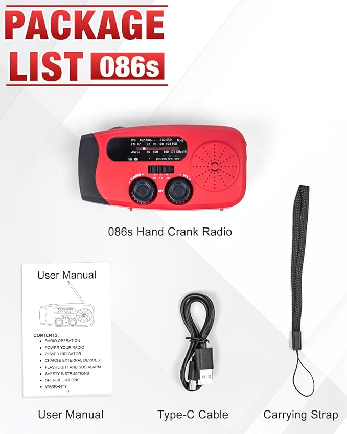086S Hand Crank Emergency Radio - 2000mAh/7400mWh AM/FM/NOAA Solar Hand Crank Emergency Radio with 3 LED Flashlight, SOS Function for Emergencies, Camping - Red