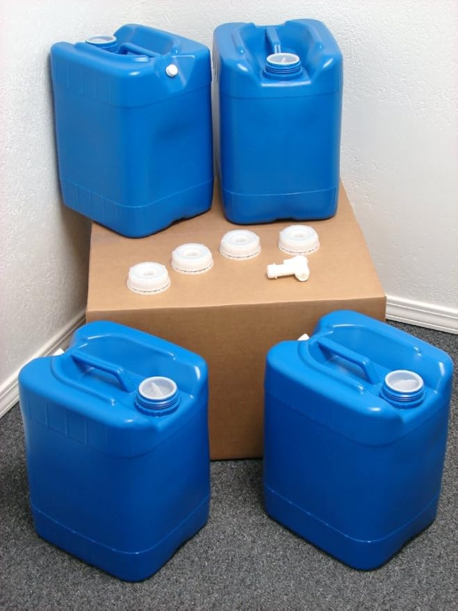 API Kirk Containers 5 Gallon Samson Stackers, Blue, 4 Pack (20 Gallons), Emergency Water Storage Kit - New! - Clean! - Boxed! - Kit Includes One Spigot and Cap Wrench