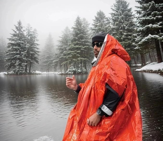 Survival kit 4 Pack, 1 Emergency Tent 1 Emergency Sleeping Bag 1 Mylar Blankets 1 Poncho with 4 Tac Bags for Outdoor Carcar Kits, Camping, Hiking Reuse Emergency Shelter.(Orange)
