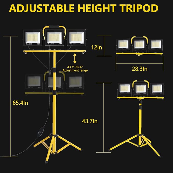 32000LM LED Work Light with Tripod, 3x100W 3-Head Floodlight, Plug-in 120V, 3 CCT 3000K/5000K/6500K, 360° Adjustable, IP66, 43.7-65.4 in, 16.4 ft Cord, Portable Telescoping Stand for Jobsite/Workshop