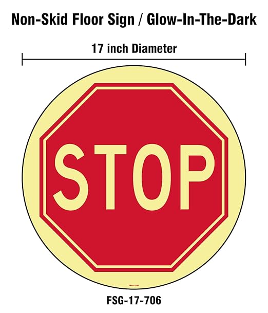 Stranco Non-Slip Glow in the Dark Floor Sign "STOP" | 17” Red on White | Permanent Acrylic Adhesive, Pebble-Textured Laminate, Durable 20 mil Construction, Slip-Resistant Safety Label