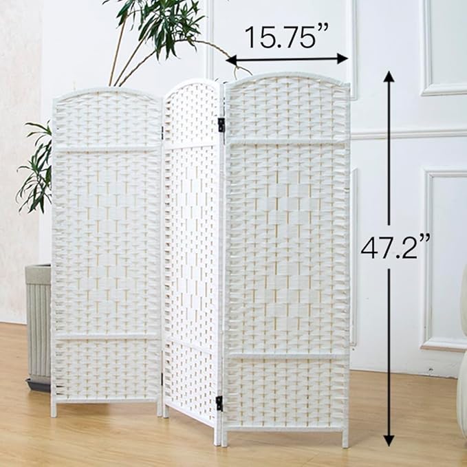 3 Panel Rattan Divider Short Room Partition Screen,Double Sided Folding Divider for Room Separation,White,47.2" H x 47.2" W