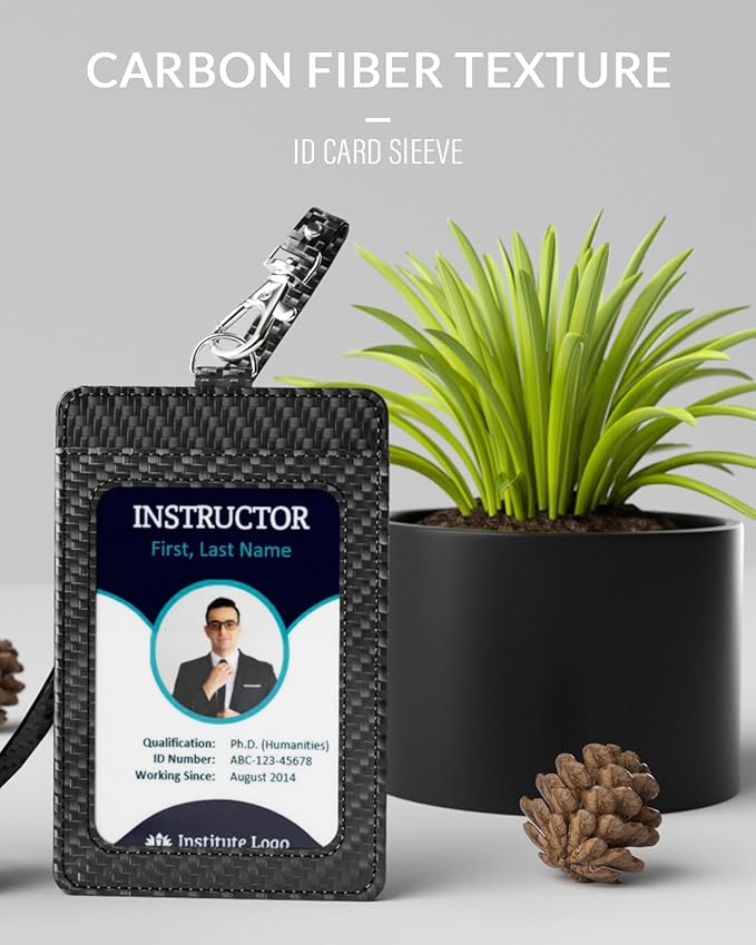 Carbon Fiber Work ID Card Holder with Lanyard is a Stylish and Durable Card Holder with Dual Card Capacity, Clear Display Window and Privacy Back Pocket (Black)
