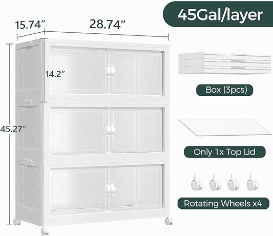 135Gal Stackable Storage Bins with Lid, 540Qt Extra Large Collapsible Storage Box with Doors and Wheels, Plastic Closet Organizer and Storage Cabinet Drawer For Home Kitchen, 3Pack White