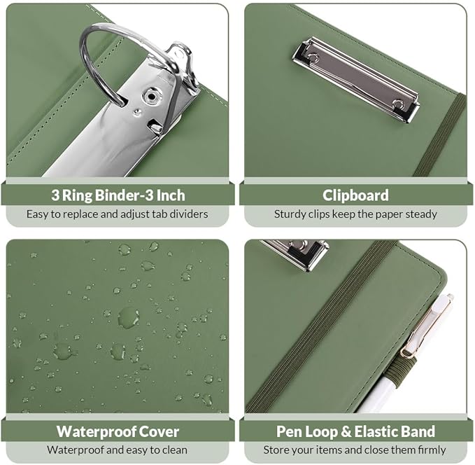SKYDUE 3 Ring Binder 3 Inch D Ringr with Clipboard, PU Heavy Duty Clipboard Binder with Notepad & 5 Dividers with 5 Pockets, Labels, Clipboard Folder Great for School Office