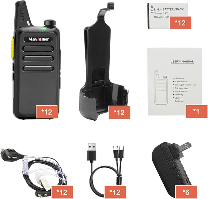 Radios Walkie Talkies Long Range: MaxTalker 12 Pack MT1 Portable FRS Two Way Radios Long Range with Earpiece VOX License-Free Rechargeable Walkie Talkies for Adults School Restaurant Business Hiking