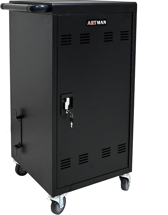 45-Device Mobile Charging Cart with Charging Power Strip and Front and Rear Access Locks, Cable Management, Up to 17"", Safe Charging Cabinet for Ipads, Chromebooks, Tablets, Laptops Black
