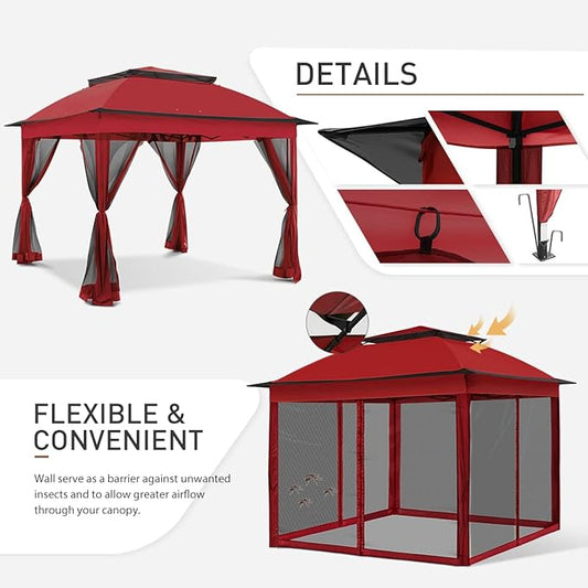 COOS BAY 11x11 Pop-Up Instant Gazebo Tent with Mosquito Netting Outdoor Canopy Shelter with 121 Square Feet of Shade (Red)