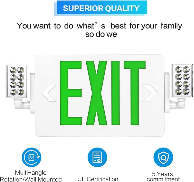 Spectsun 12 Packs Exit Signs with Emergency Lights,120-277VAC -LED Combo Emergency Light with Backup Battery-Double Face UL Listed Green Letter Exit Sign Lighting-Hard Wired-Fire Resistant