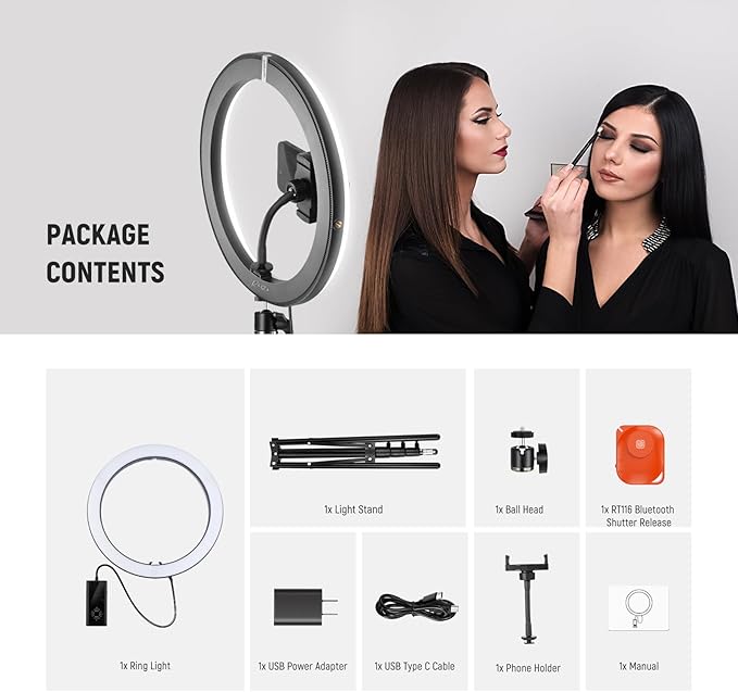NEEWER 12" 24W Power LED Ring Light with Tripod Stand, Bi Color 2900-7000K, USB C PD Input, CRI97+ 1810lux/0.5m Compatible with iPhone Makeup Studio Streaming Selfie Video Recording, RH12B K2