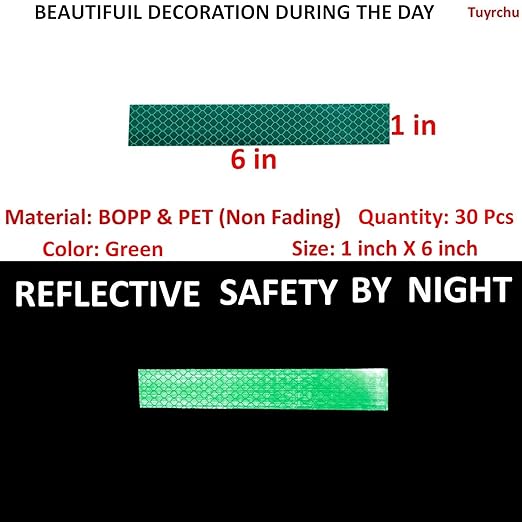 Green Reflective Stickers 1 inch X 6 inch, Outdoor Waterproof High Visibility Warning Safety Adhesive Reflector Tape (30 Pcs)