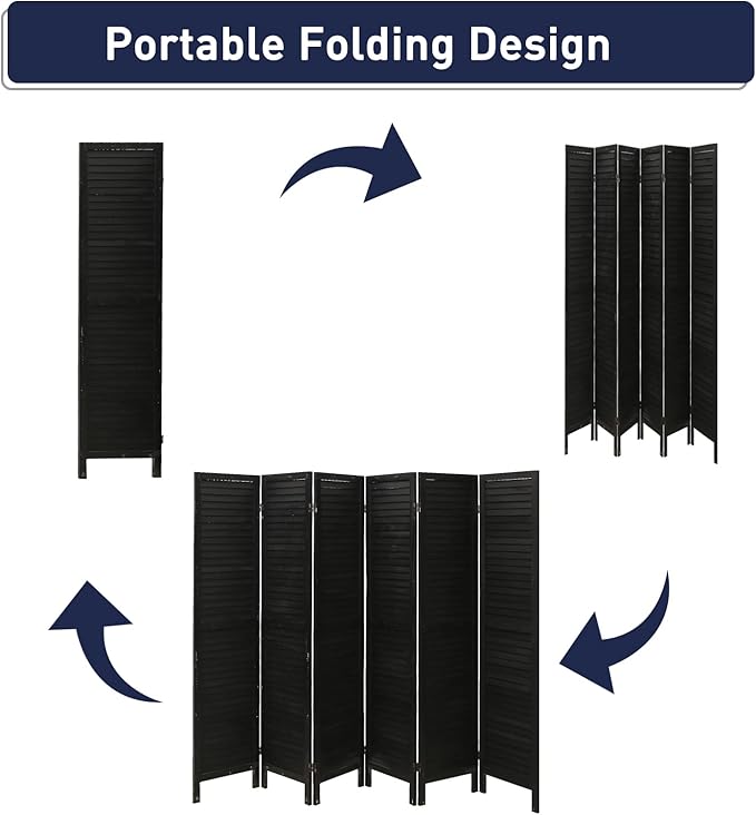 ECOMEX 6 Panel Louver Wood Room Divider 5.6ft.Tall Folding Privacy Screen Panels, Room Divider Wall, Divider for Room Separation, Partition Room dividers and Effectively Block Sight(Black)