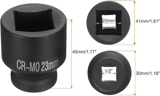 HARFINGTON 4 Point Square Socket 1/2" Drive 23mm Metric Square Impact Socket CR-MO Blackening Standard Wheel Sockets Pneumatic Socket Tool for Auto Repair Mechanical Maintenance Home Use