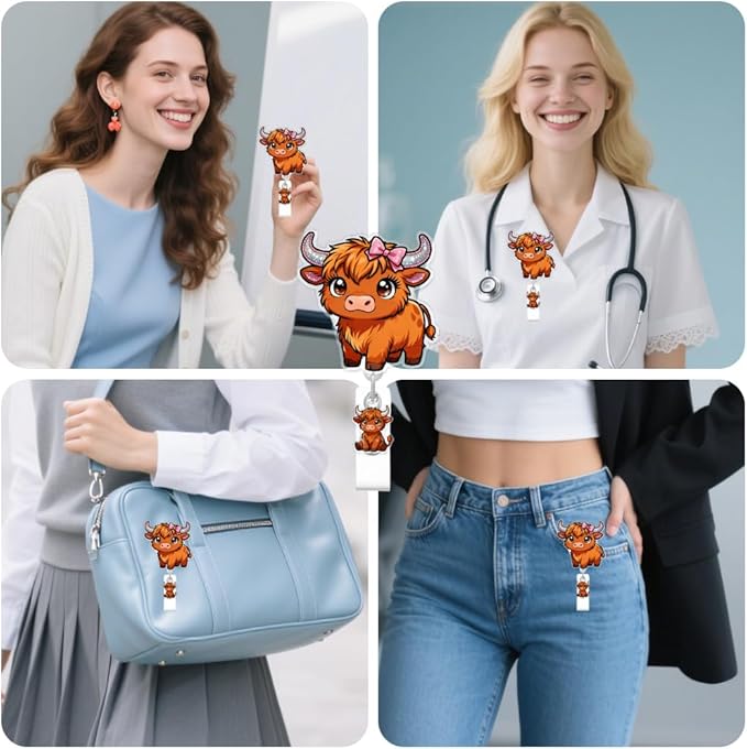 Cute Highland Cattle Badge Reel for ID Card, Funny Bow Cattle Retractable Nurse Alligator Clip Badge Reel for Women, ID Name Tag Badge Holder for Office School Hospital Nurses Doctors Teachers