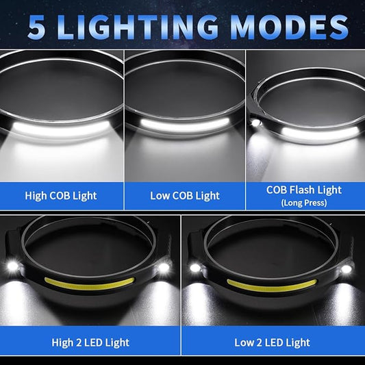 Headlamp Rechargeable 5Pack, 230° Wide Beam Head Lamp with 2 Spotlights, LED Headlamp with Motion Sensor, 5Mode Rechargeable Headlamp, Head Lights for Forehead, Headlamps for Adults Running Hard Hat