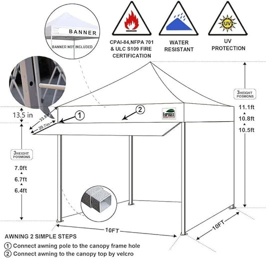 Eurmax USA 10 x 10 Pop up Canopy Commercial Tent Outdoor Party Canopies with 4 Removable Zippered Sidewalls and Roller Bag Bonus 4 Canopy Sand Bags & 24 Squre Ft Extended Awning(White)
